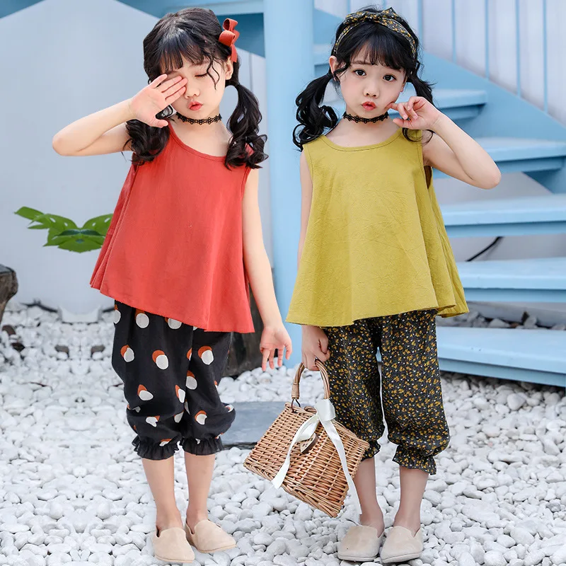 

Летний хлопковый и льняной костюм для девочек новые летние шорты без рукавов для маленьких девочек комплект из двух предметов