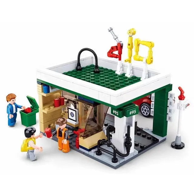 

City Car Service Center Gas Station Repair Shop Vehicle Garage Building Blocks Kit Bricks Classic Model DIY Toys For Kids Gifts