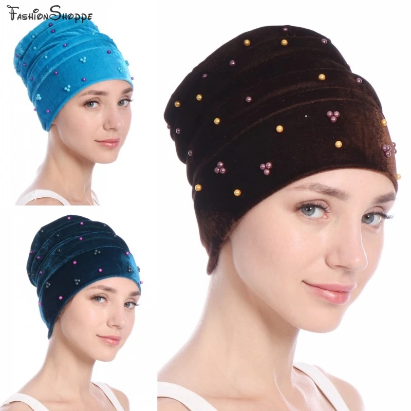 Женская бархатная Beanie Skullies Islamic Bonnet Pearls Head Wrap африканская шапка Muslilm Slouch после