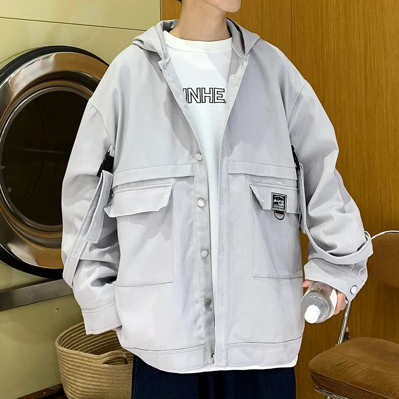 

Spring and Autumn Trend Korean Youth Jacket Long Ribbons Adorn Sleeves Loose Casual Jacket Hooded Coat with Big Pockets