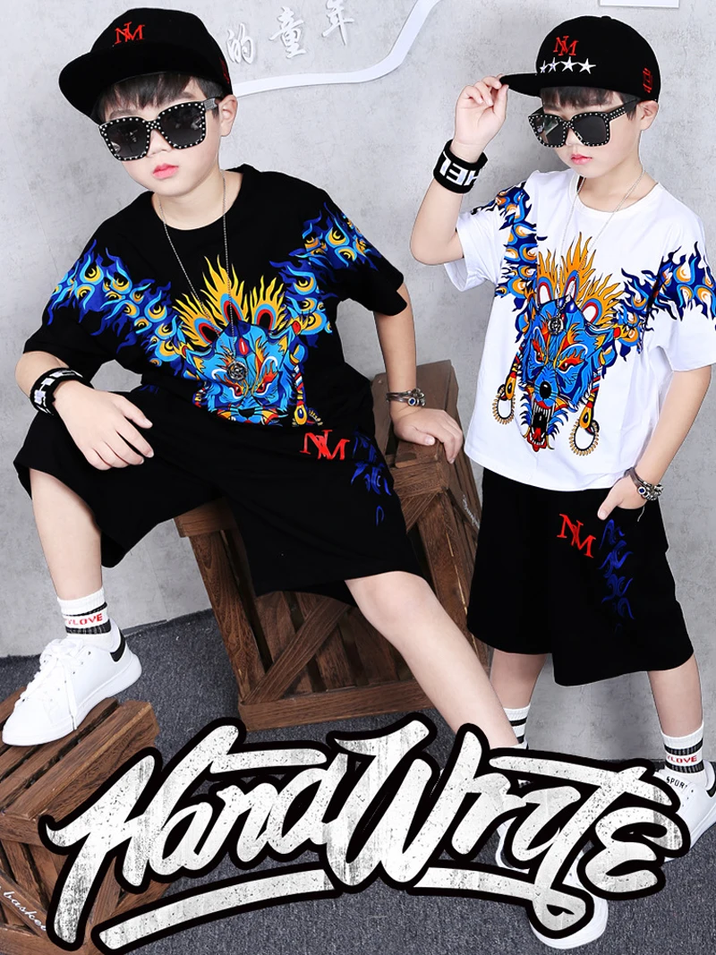 2019 Casual boy tracksuit Dragon printing tshirt+harem pant Fashion teenager Boy Clothes Cool Kids Hip Hop Clothing Sports Suit | Детская