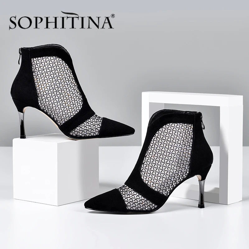 

SOPHITINA Fashion Women Boots Patchwork Design Pointed Toe Super High Thin Heels Zipper Elegant Shoes Mature Casual Boots PO438
