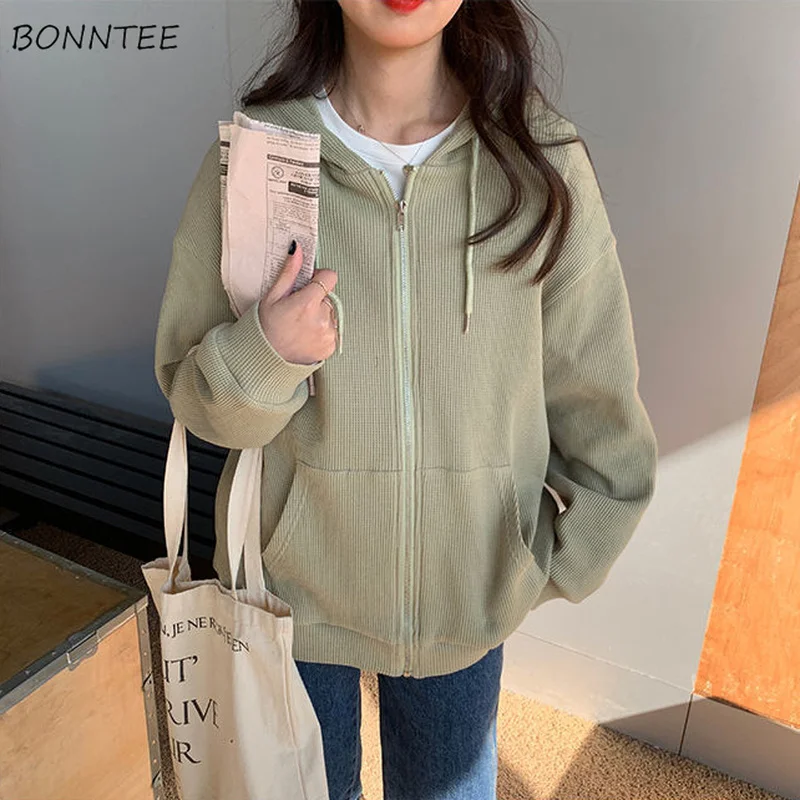 

With Hat Hoodies Women Leisure Loose Simple Solid All-match Elegant College Zip-up Female Korean Style Pockets Cozy Fashion New