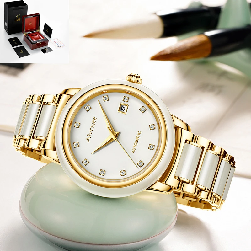 

2020 New jade Watch automatic mechanical couple Women watches brand business luxury high quality jade Top Creativity Men Watches