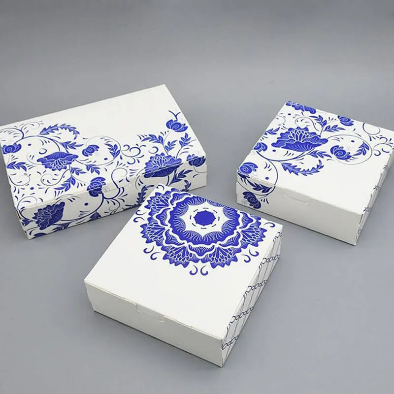 

New Chinese Style Blue And White Porcelain Paper Gift Mooncakes Boxes Wedding Party Paper Cake Packing Box 100pcs/lot