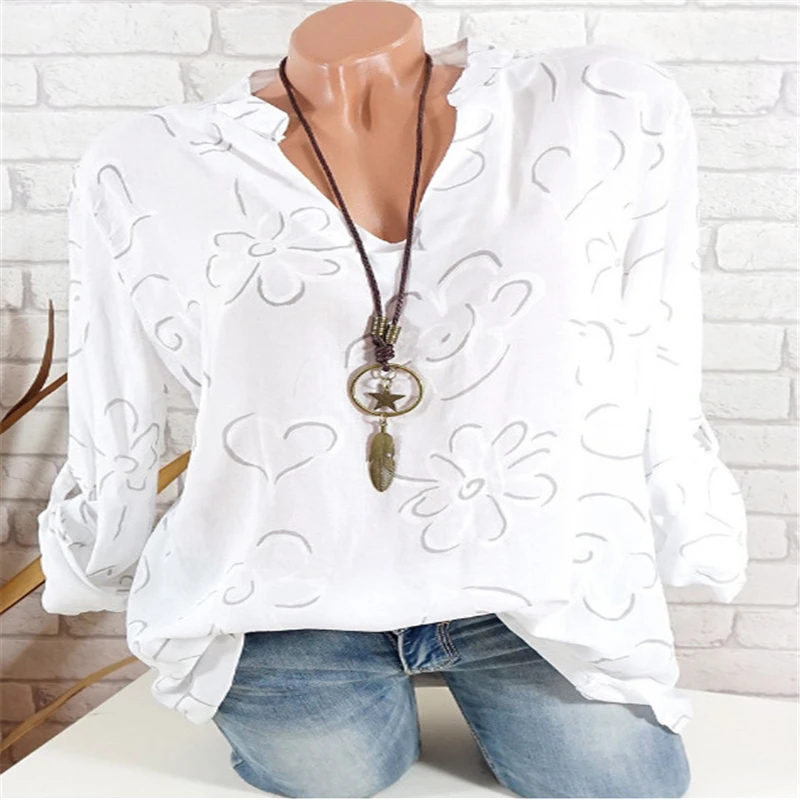 

2XL Plus Large Size Women's Blouses Summer Tops New Leisure Blouse White Loose Floral Print V Neck Long Sleeve Shirts Blusas
