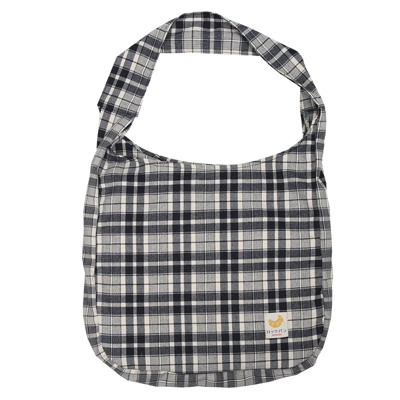 

Plaid Women Simple Shoulder Bag Soft Cloth Fabric Handbag Large Capacity Cotton Tote Sanded Canvas Bags For Pretty Young Girls