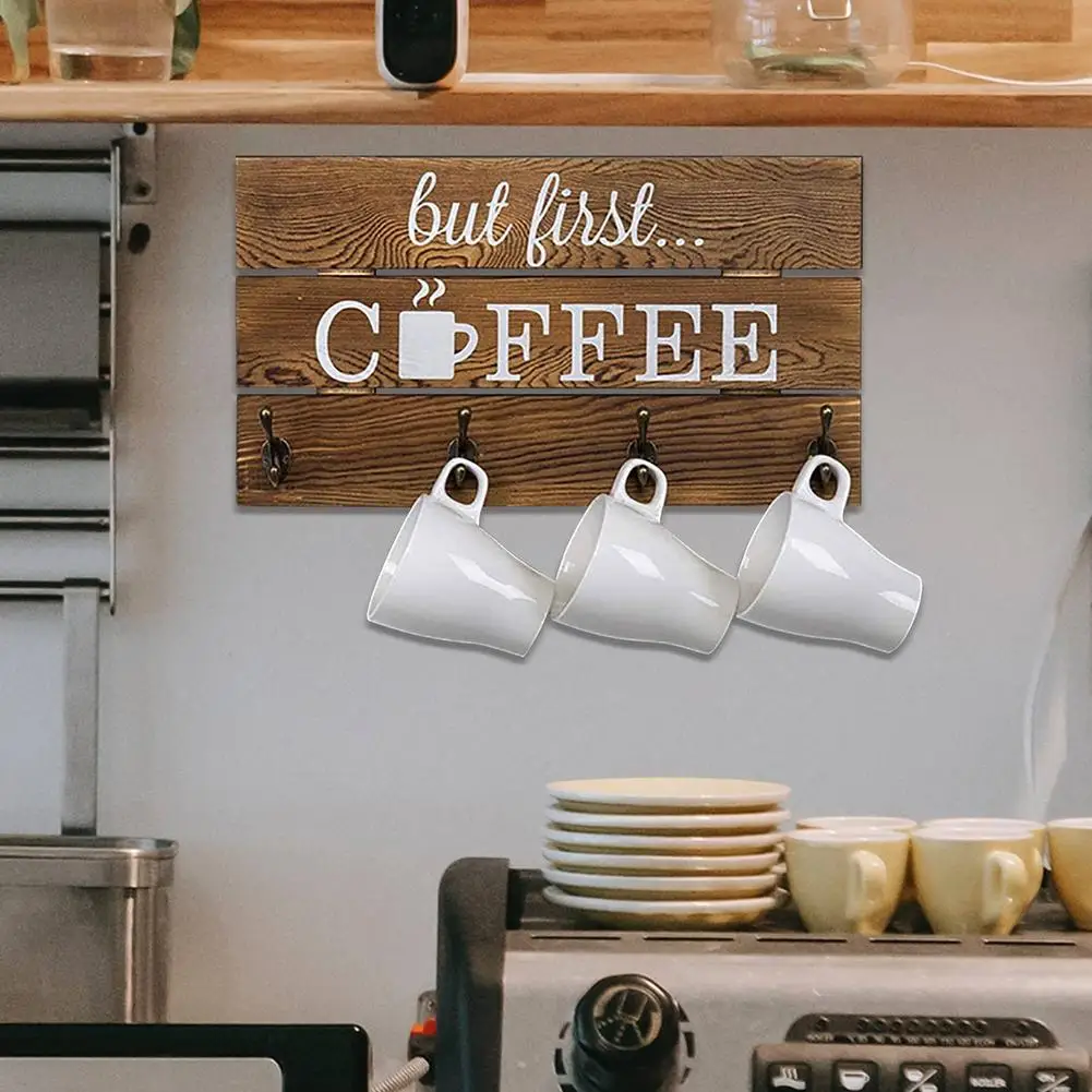 

5 Hooks Rustic Coffee Mug Holder Wall Mounted Cup Shelf Wooden Cup Storage Organizer Kitchen Accessories Home Wall Decoration