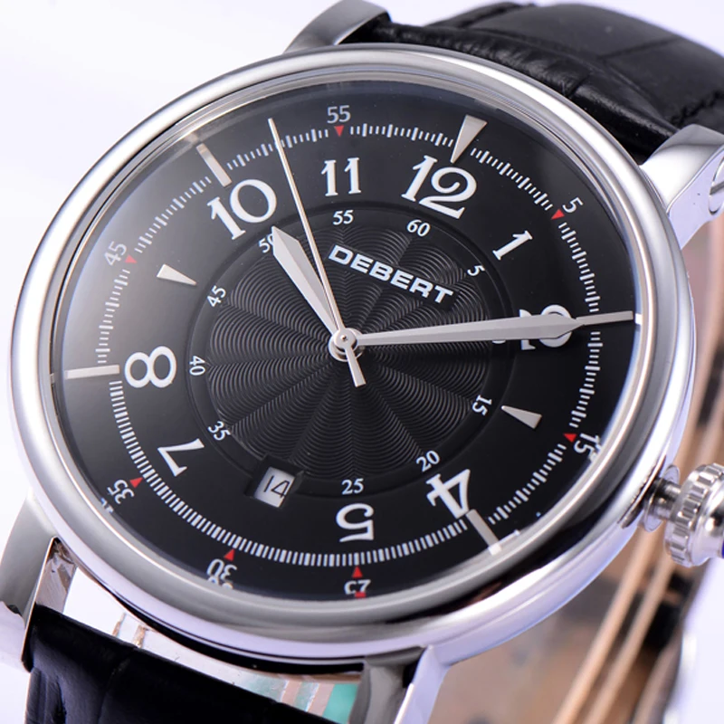 Модные роскошные кожаные механические часы с черным циферблатом и