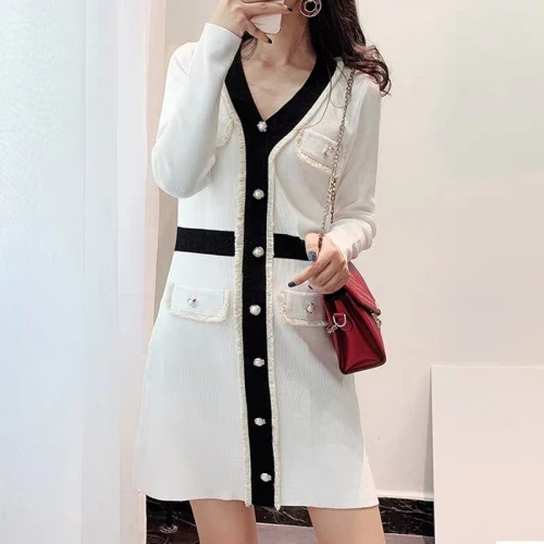 Женское трикотажное платье-свитер Элегантное черно-белое винтажное платье с