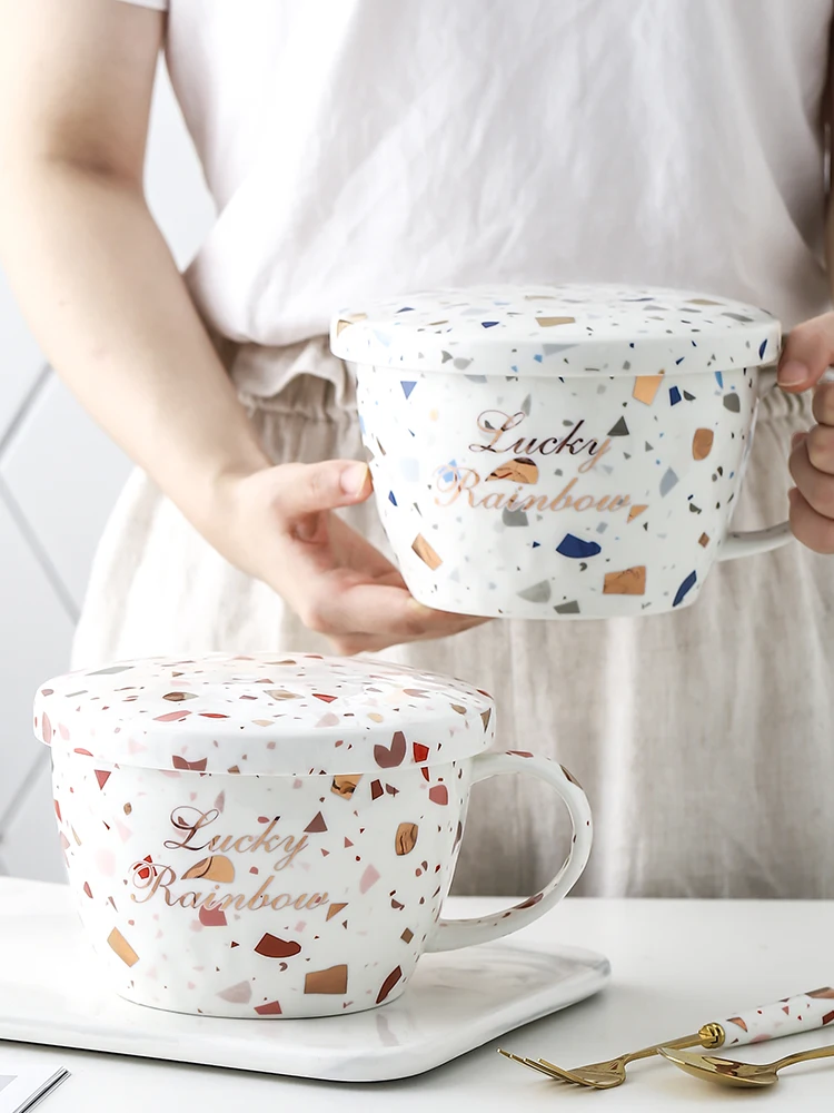 

Eways 1100 ml creative ceramic cup with special cover, notched cup, breakfast cup, cup, home office, exquisite gift, tea drinker