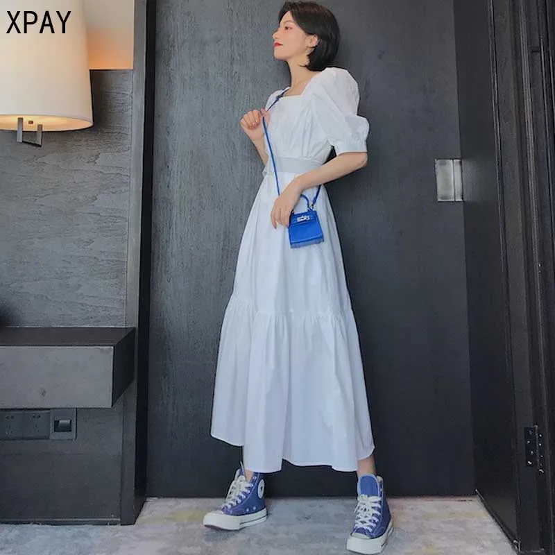 

Korean One-Piece Ladies Dress French Vintage Elegant Puff Sleeve Dresses 2020 Summer Women Square Collar Dress Lady Midi Dress