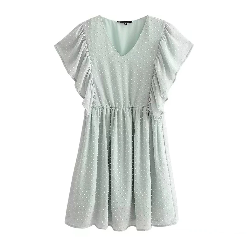 

Holiday Summer Dress 2022 Women Vintage Light Green Dotted V Neck Flying Sleeve Dress Ladies Short Vestido Casual Robe