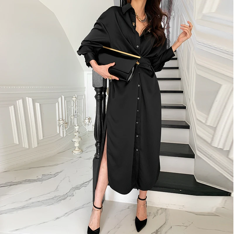 

SuperAen 2021 New Design Silk Solid Turn-down Collar Sashes Mid-Calf Full Summer Woman Dress