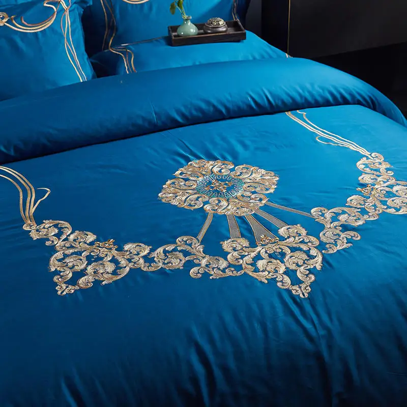 4/6 шт. благородный синий комплект постельного белья с вышивкой/сатиновый