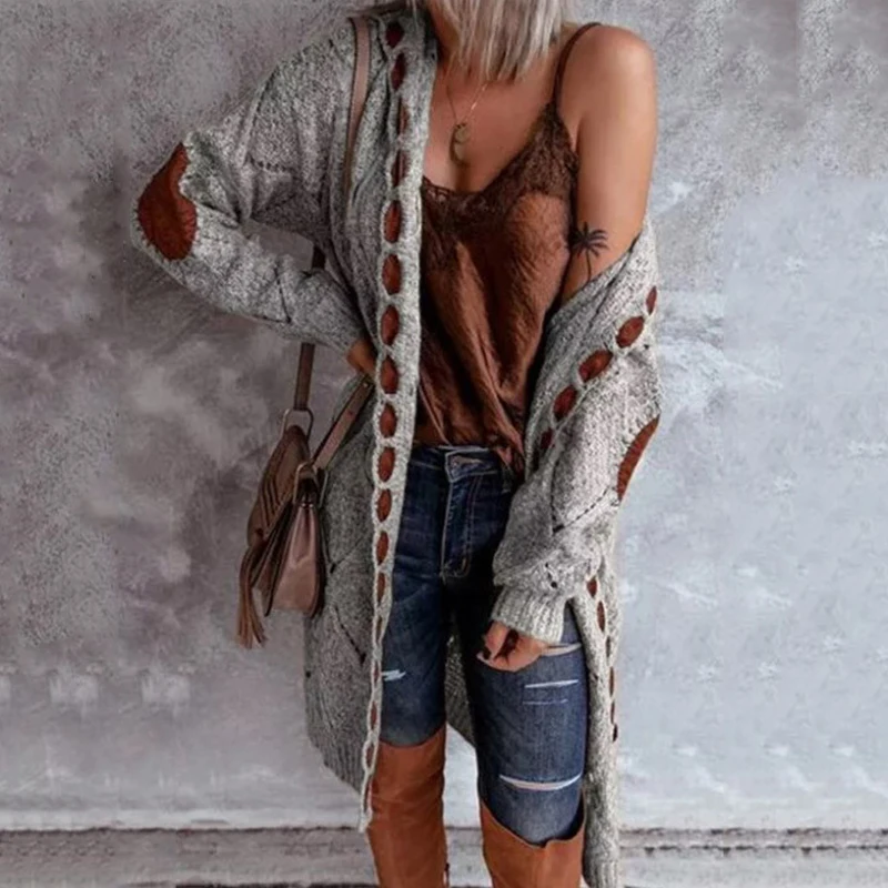 

2021 Autumn Winter Retro Fashion Knitted Long Hooded Sweater Long-sleeved Cardigan Women's Stitching Sweater Jacket Women's Coat