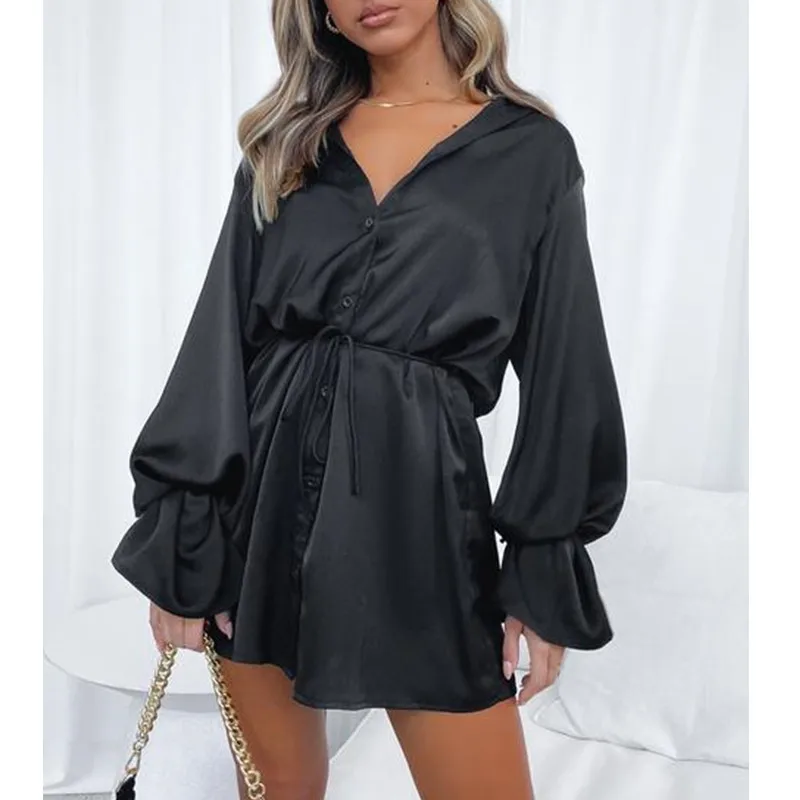 

Fashion Women Lapel Shirt Dress Long Sleeve Button Down Drawstring Waist Mini Dresses Vestidos