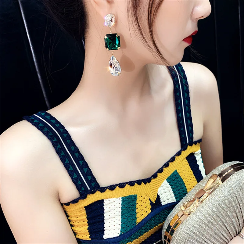 FYUAN Long tassel Green Crystal Asymmetry Earrings Korean Transparent Water Drop for Women Wedding Jewelry Gifts | Украшения и