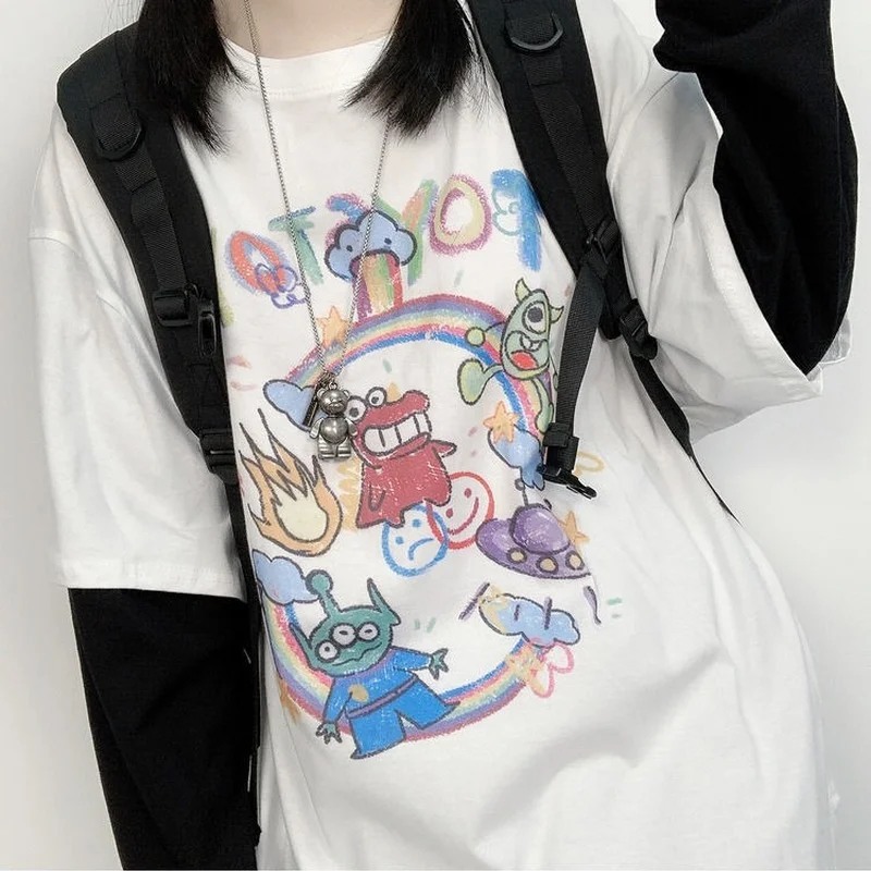 

MINGLIUSILI Spring Graphic T Shirts Women Fashion 2021 Cartoon Print Women Clothing Long Sleeve Patchwork Vintage T Shirt