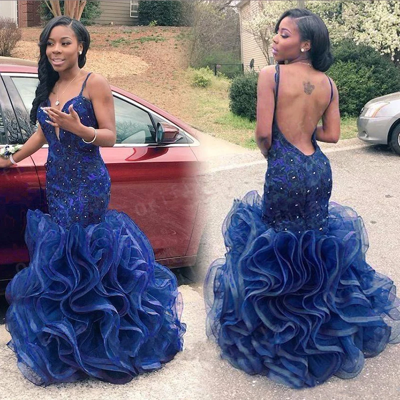 

African Mermaid Evening Dress 2021 Spaghetti Straps Cascading Ruffles Organza Prom Wear Pageant Party Gowns Cheap