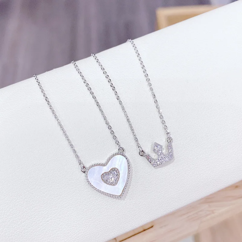 

2021 new dual-purpose shell peach heart necklace female full zircon crown clavicle chain February 14 gift