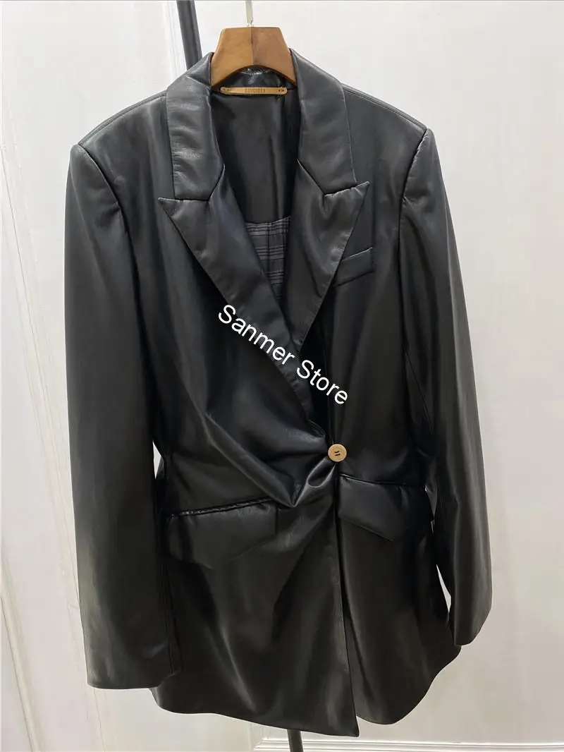 

Women's One Button Blazer Asymmetrical Faux Leather Long Sleeve Two Solid Color Caot with Pocket