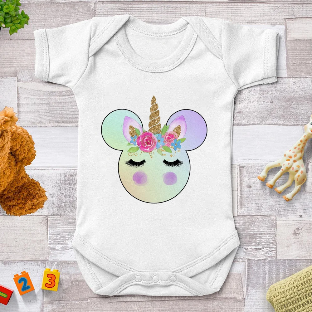 

Комбинезоны для младенцев с рисунком Минни Маус, единорог, мультяшная Милая одежда для маленьких девочек, летняя белая одежда для младенцев...