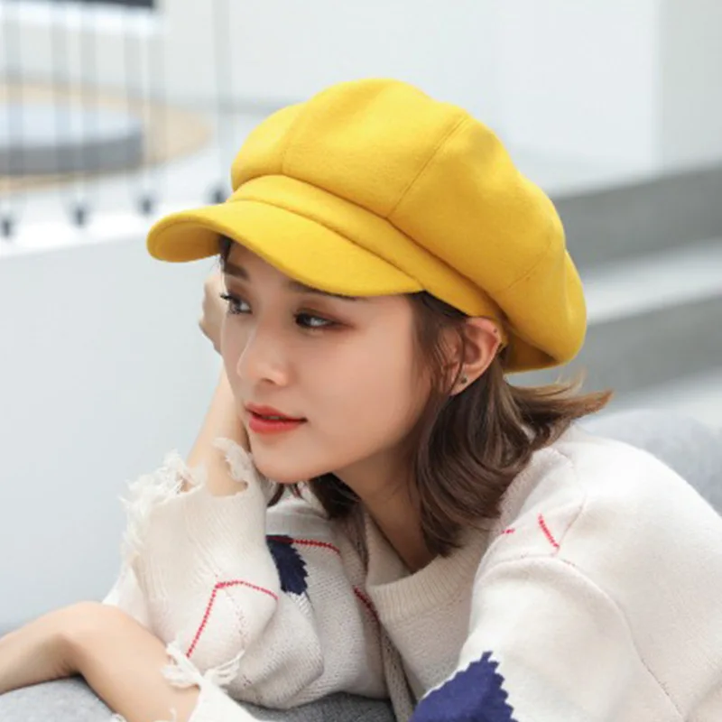 Осенняя однотонная восьмиугольная шляпа женская газетчика берет художника