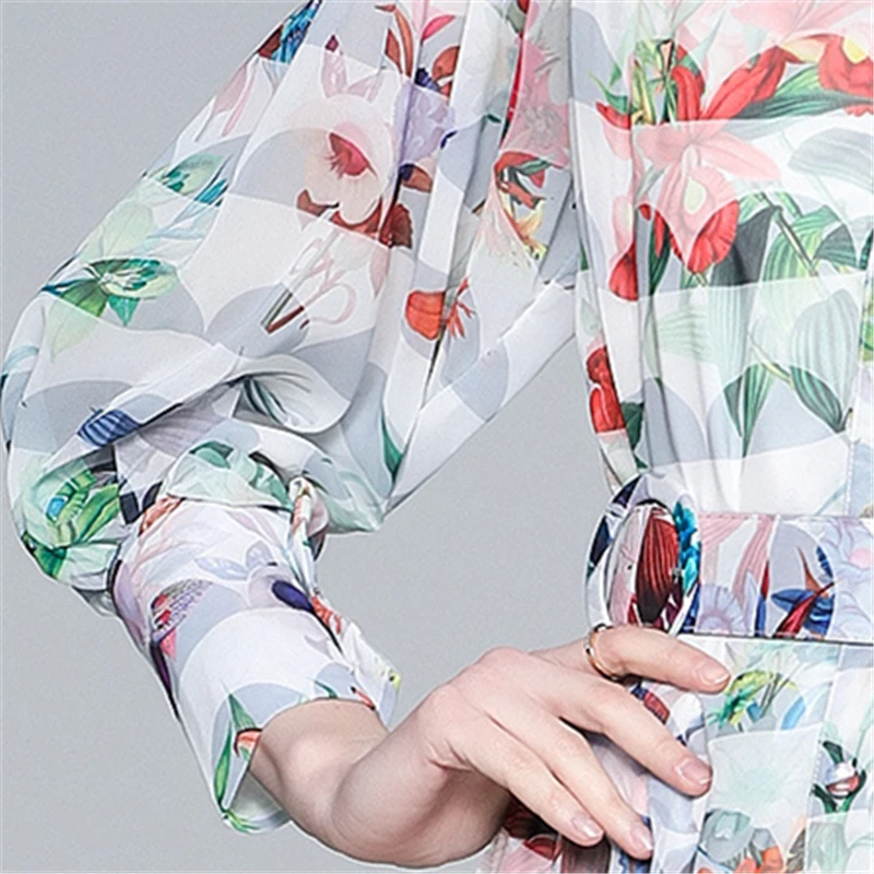 

2021 Spring Fashion New Style Belt Personality Design Sense Printing High-End Lantern Sleeve Temperament Dress Trendy 418