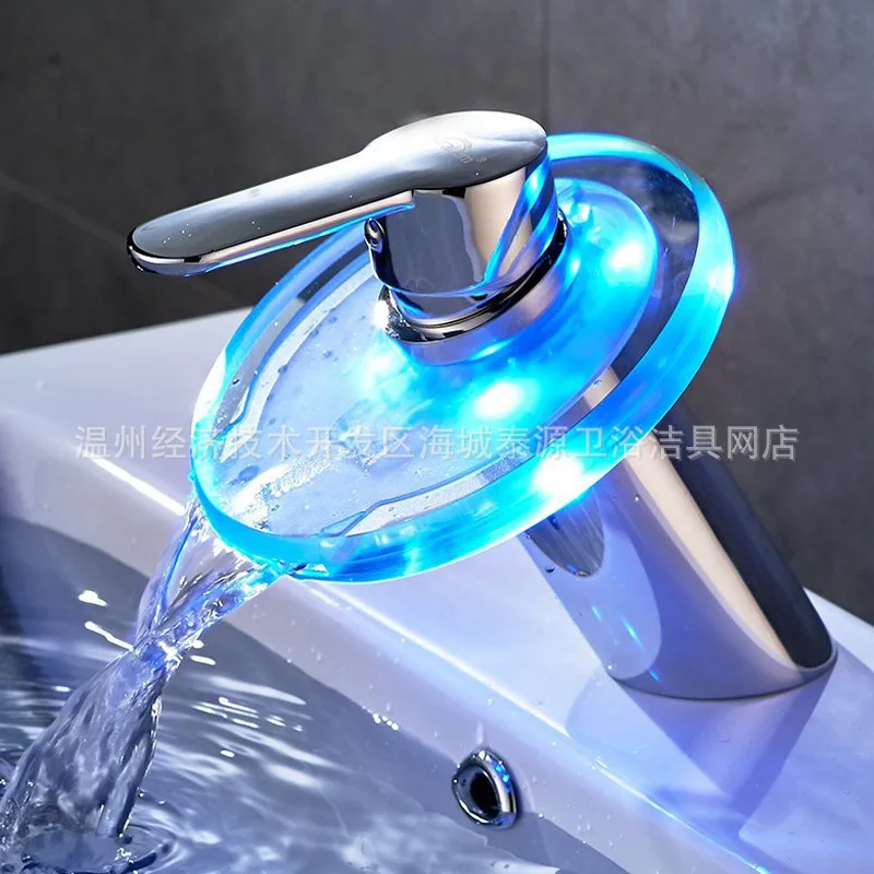 

Copper LED Glass Basin Kitchen Faucets Lighting Waterfall Kitchen Faucets Colorful Torneiras De Cozinha Household Goods EZ50ST