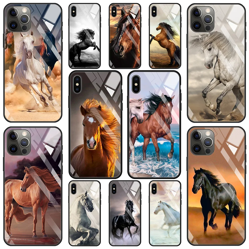 

Tempered Glass Case For iPhone 13 12 11 Pro Max 12Mini X XR XS Max 8 7 6s Plus SE 2020 Silicone Phone Shell Running Horse Animal