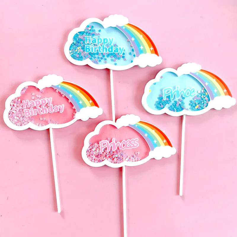 

Colored Flowers Happy Birthday Cake Topper Golden Acrylic Birthday Party Dessert Decoration For Baby Shower Baking Supplies