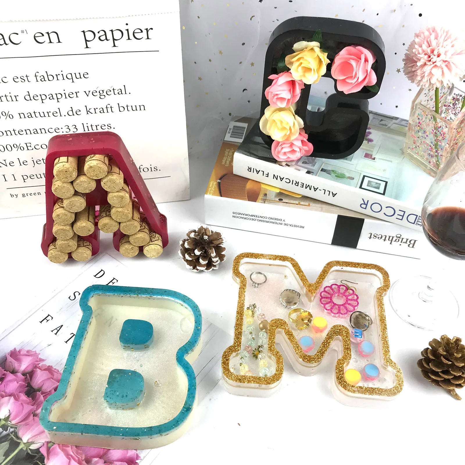 

A/B/C/M Letter Storage Tank Mold Epoxy Resin Container Candy Storage Box Mold Jewelry Ring Box Mold for Home Decoration