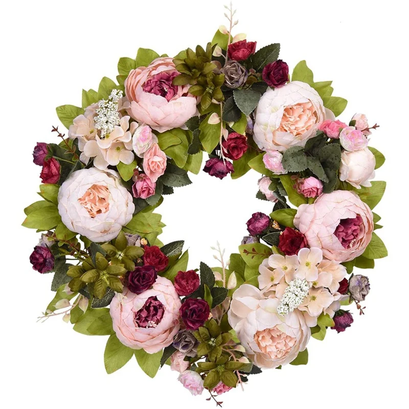 

Искусственный цветок пиона, венок, винтажный Цветущий пион, венок с зелеными листьями для входной двери, Свадебный настенный Декор для дома