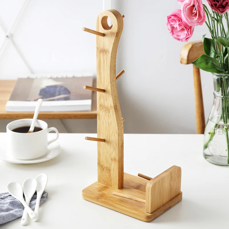 Bamboo Coffee Tea Cup and Saucer Rack Storage Holder Stand Home Kitchen Mug Hanging Display Drinkware Shelf With 6 Hooks