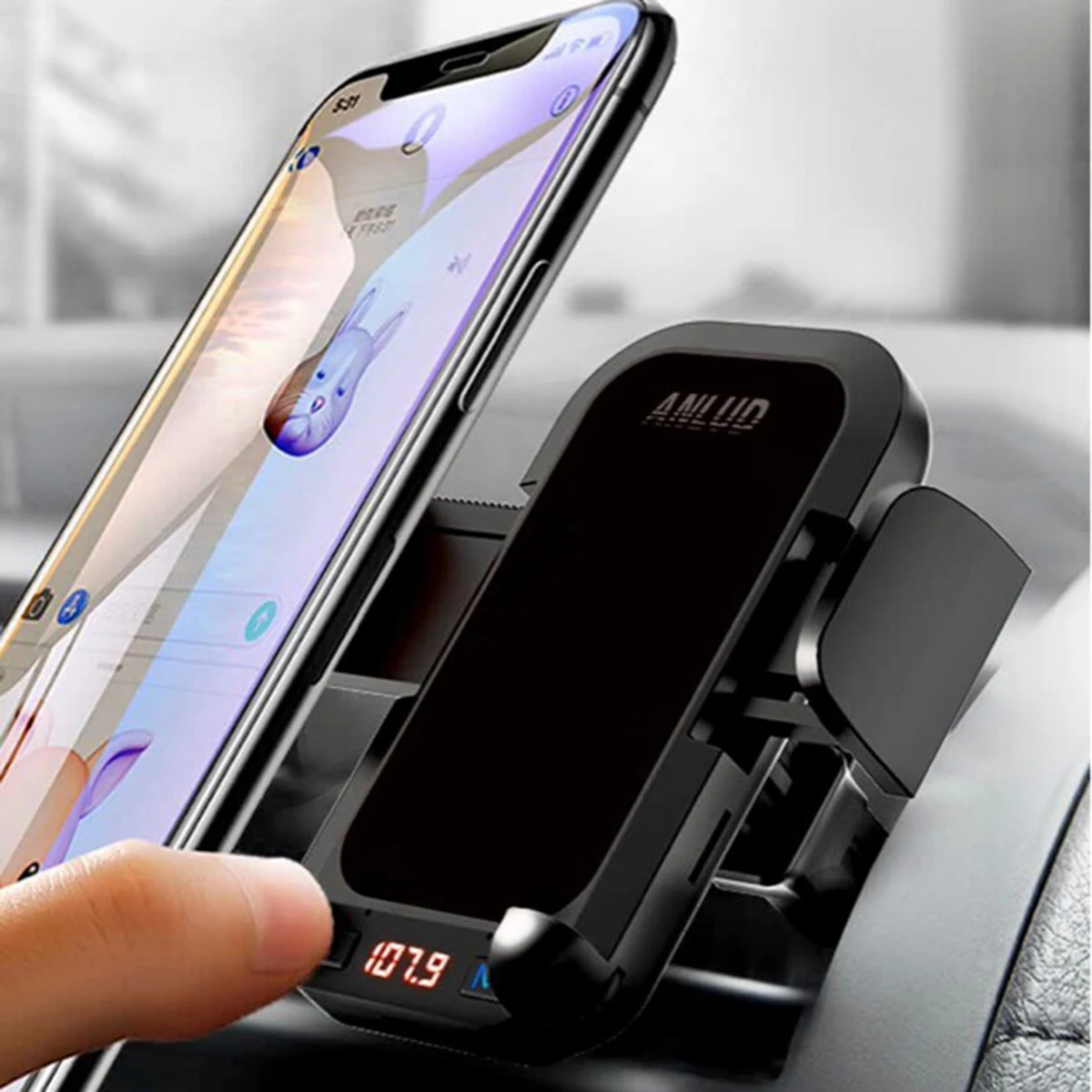 

12-24V Car Hands-free Kit with Phone Holder Dual USB Car Charger MP3 Player Car Air Vent Phone Holder Compatible