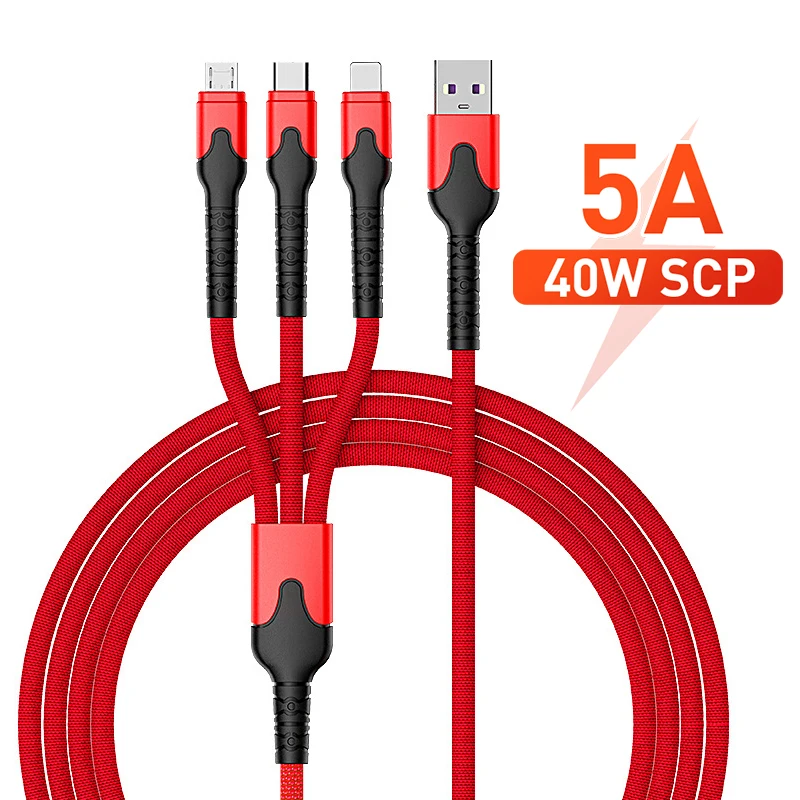 

5A 3in1 2in1 USB Cable for Huawei SuperCharge for iPhone 12 11 Pro 3 in 1 Fast Charge Micro USB Type C Data Cable for Xiaomi