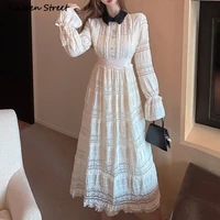 new woman dress vintage patchwork apricot lace party maxi dresses ladies vestido high waist runway design french dress clothing