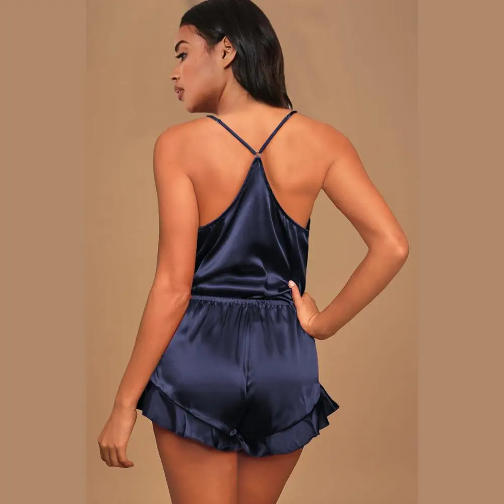 2020 New Women's Home Clothes two piece Summer European and American Satin Sexy V-neck Sling Split Pajama Suit