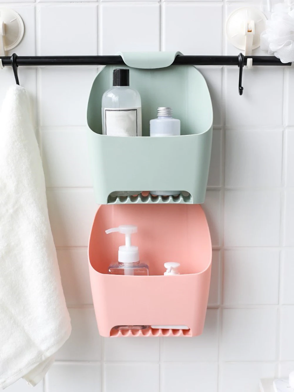 

Stackable Bathroom Storage Box Drainable Punch-free Toilet Rack Kitchen Bathroom Laundry Bathroom Towel Hanging Basket Organizer