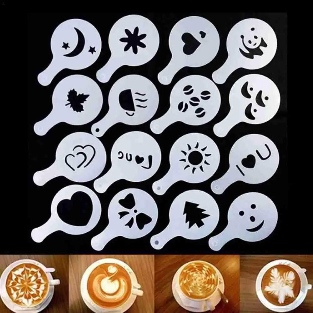 

16pcs/set Plastic White Fancy Coffee Printing Template Tools Home Kitchenware Coffee Cake Baking Pattern Modeling Spray Template