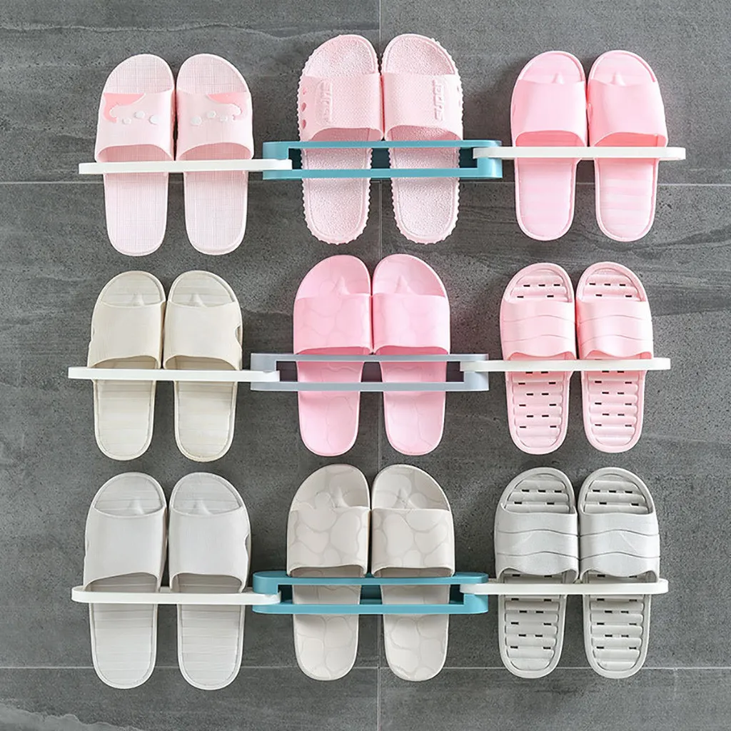 

Bathroom Wall Mounted Shoe Storage Rack Hanging Folding Shelf 4 In 1 Shoe Holder Storage Slippers Sandals Home Bathroom Tools