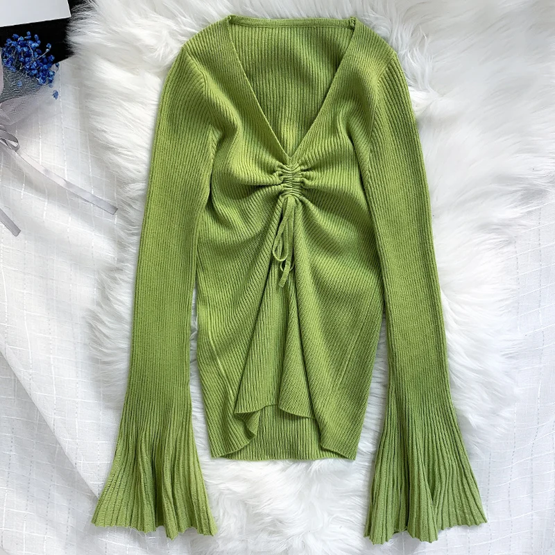

2019 Autumn Winter Women's Knitted Sweater Sexy V-neck Flare Sleeve Sweaters for Women Drawstring Pullovers Womens Jumper BZY016