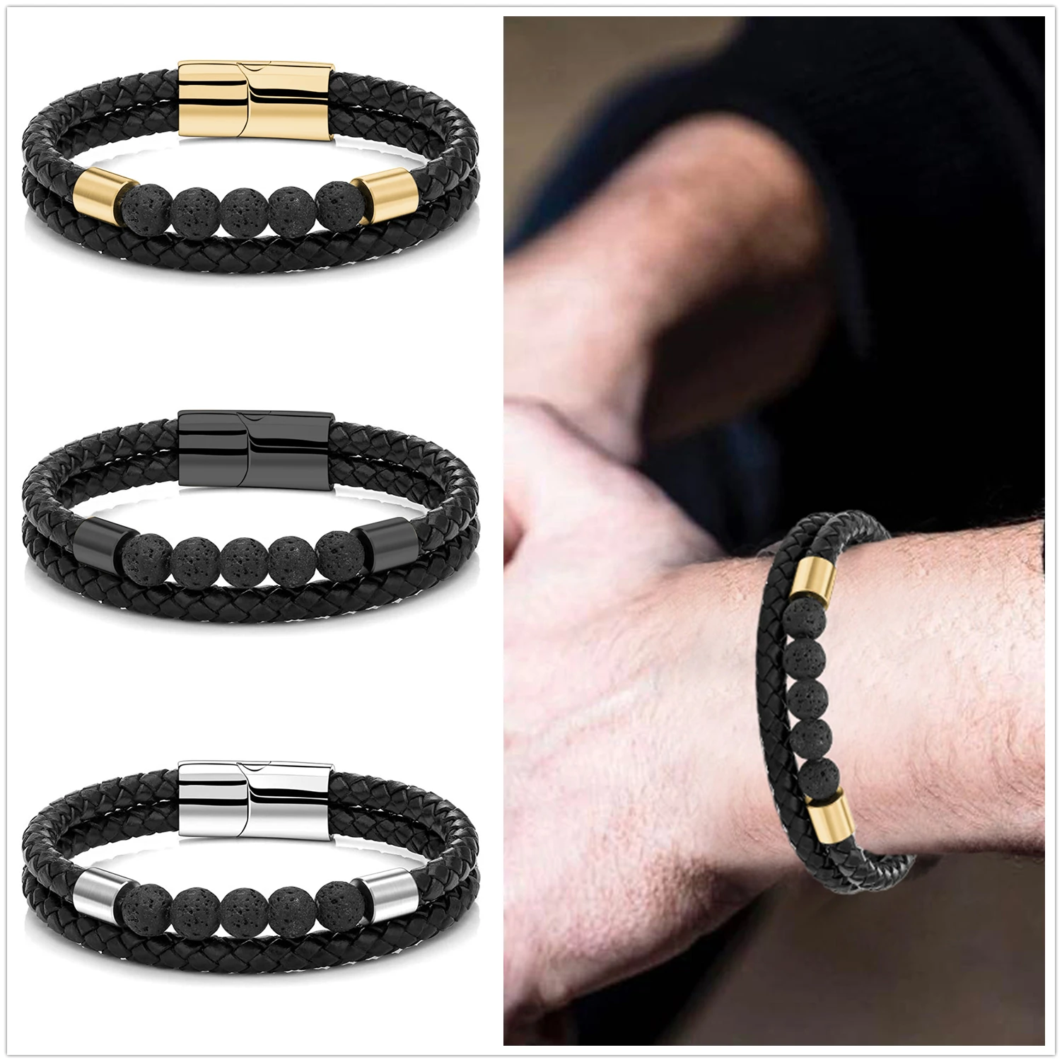 

Fashion Male Jewelry Braided Leather Bracelet 6MM Lava Beads Bracelet Black Stainless Steel Magnetic Clasps Men Wrist Gifts