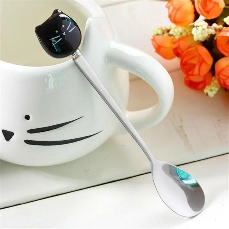 

Children's Rice Spoon Creative Black Cat White Cat Ceramic Handle Stainless Steel Spoon Self-stirring Cute Cartoon