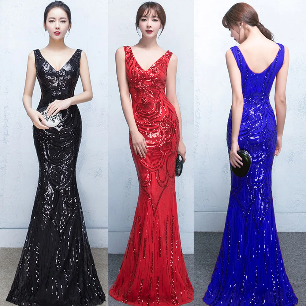 Роскошные черные красные вечерние платья в пол с блестками Сексуальные глубоким