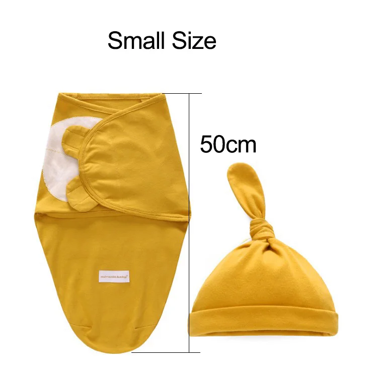 Yellow-S Комплект из 2 предметов, пеленка для новорожденных+ шапочка, Хлопковое одеяло, постельные принадлежности, милый спальный мешок для младенцев 0-6 месяцев - Цвет: Yellow-S
