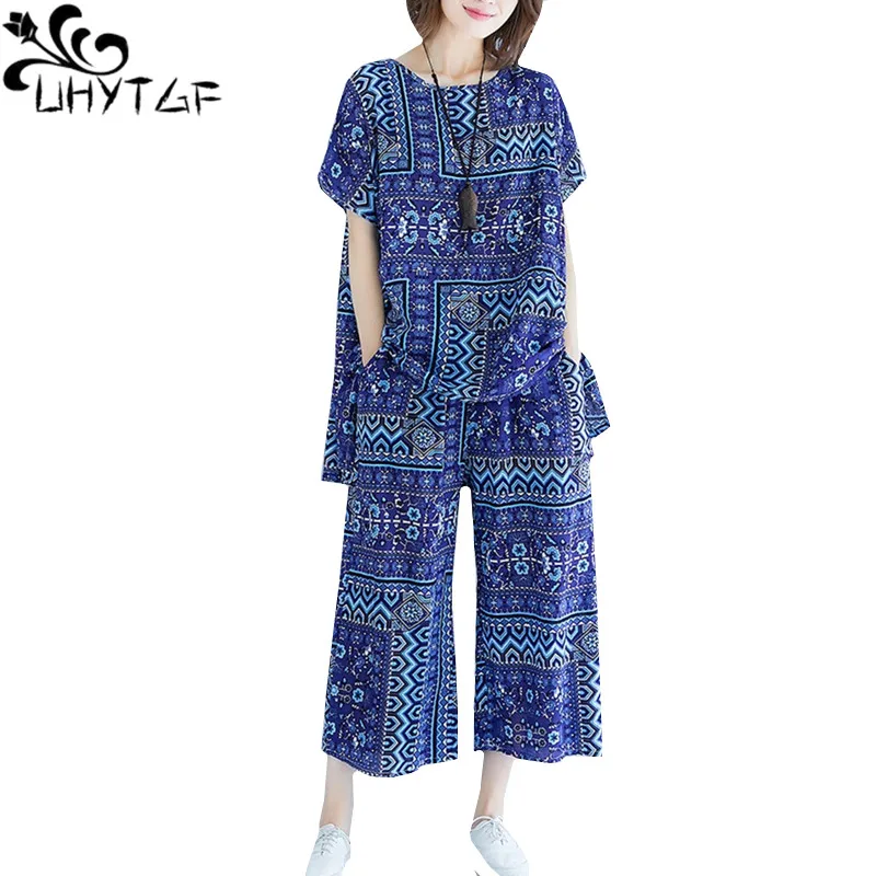 

UHYTGF Summer two piece set women fashion cotton linen printing elegant suit ethnic style wide-leg pants plus size set women 896