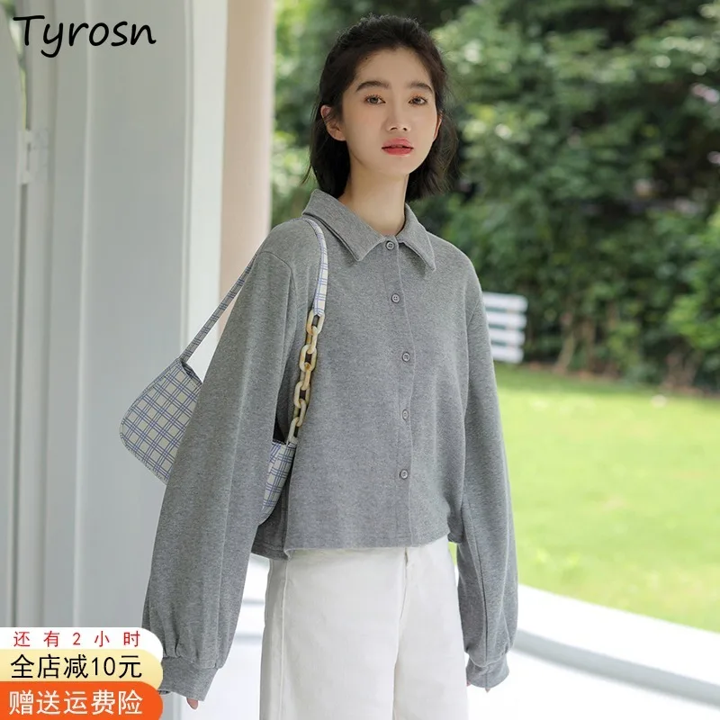 

Толстовка с отложным воротником, весна-осень, однотонная простая свежая простая толстовка, шикарная серая ткань, Mujer Ulzzang, однобортная Новин...