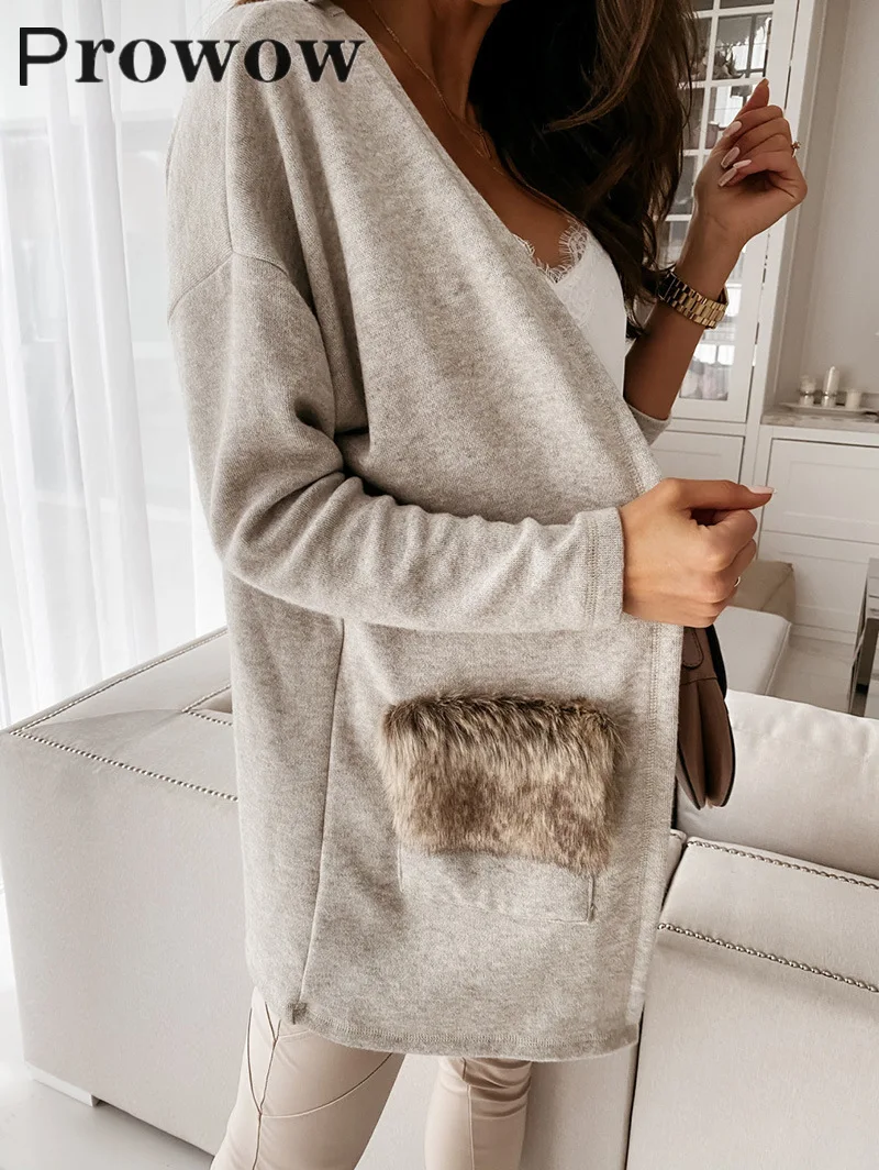 

Prowow Spring Autumn Women Fashion Solid Long Cardigan Coat Female Casual Loose Streetwear Plush Pockets Long Sleeve Jackets